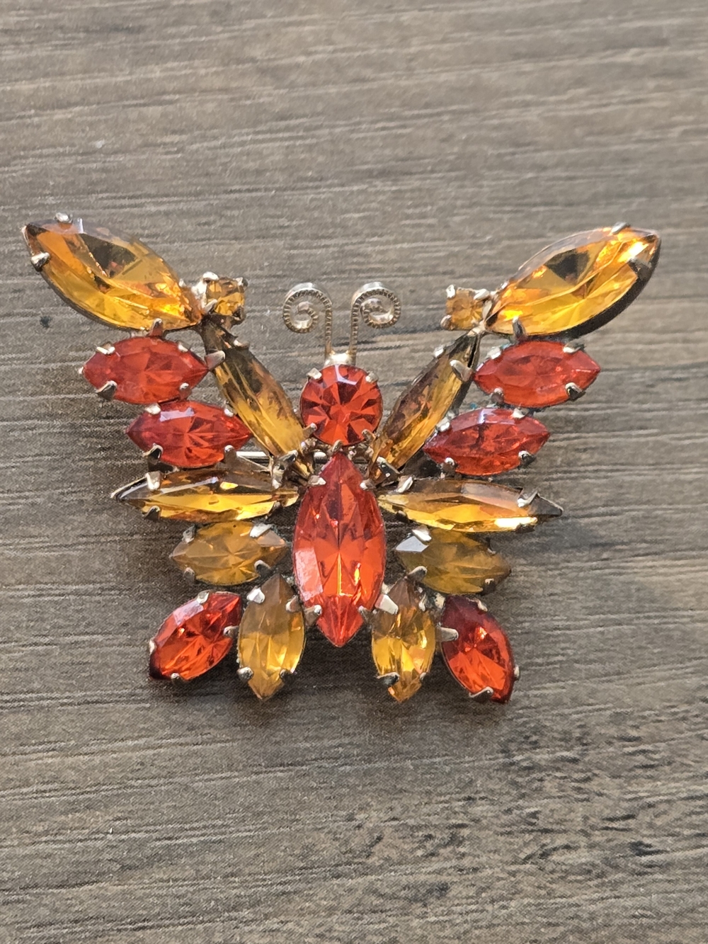 Vintage-Inspired Butterfly Crystal Brooch in Red and Amber